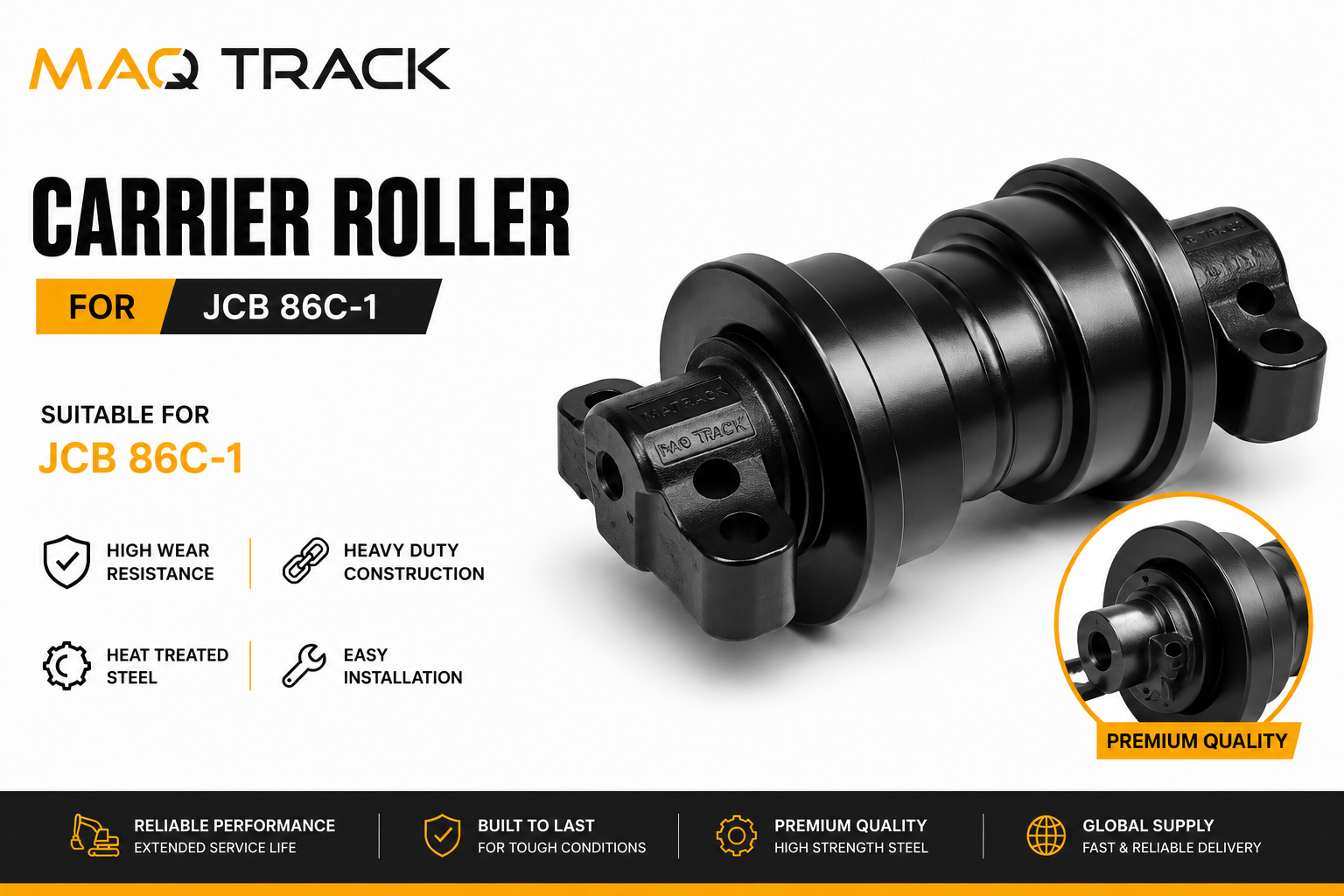 Carrier Roller for JCB 86C-1 | MAQ TRACK Carrier Roller for JCB 86C-1 mini excavator manufactured by MAQ TRACK. Premium upper track roller made from heat-treated steel for maximum durability and smooth undercarriage performance.